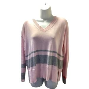 Lisa Todd Pink Gray Stripe Neon Oversized  Cotton Fringe Spring Sweater S $275